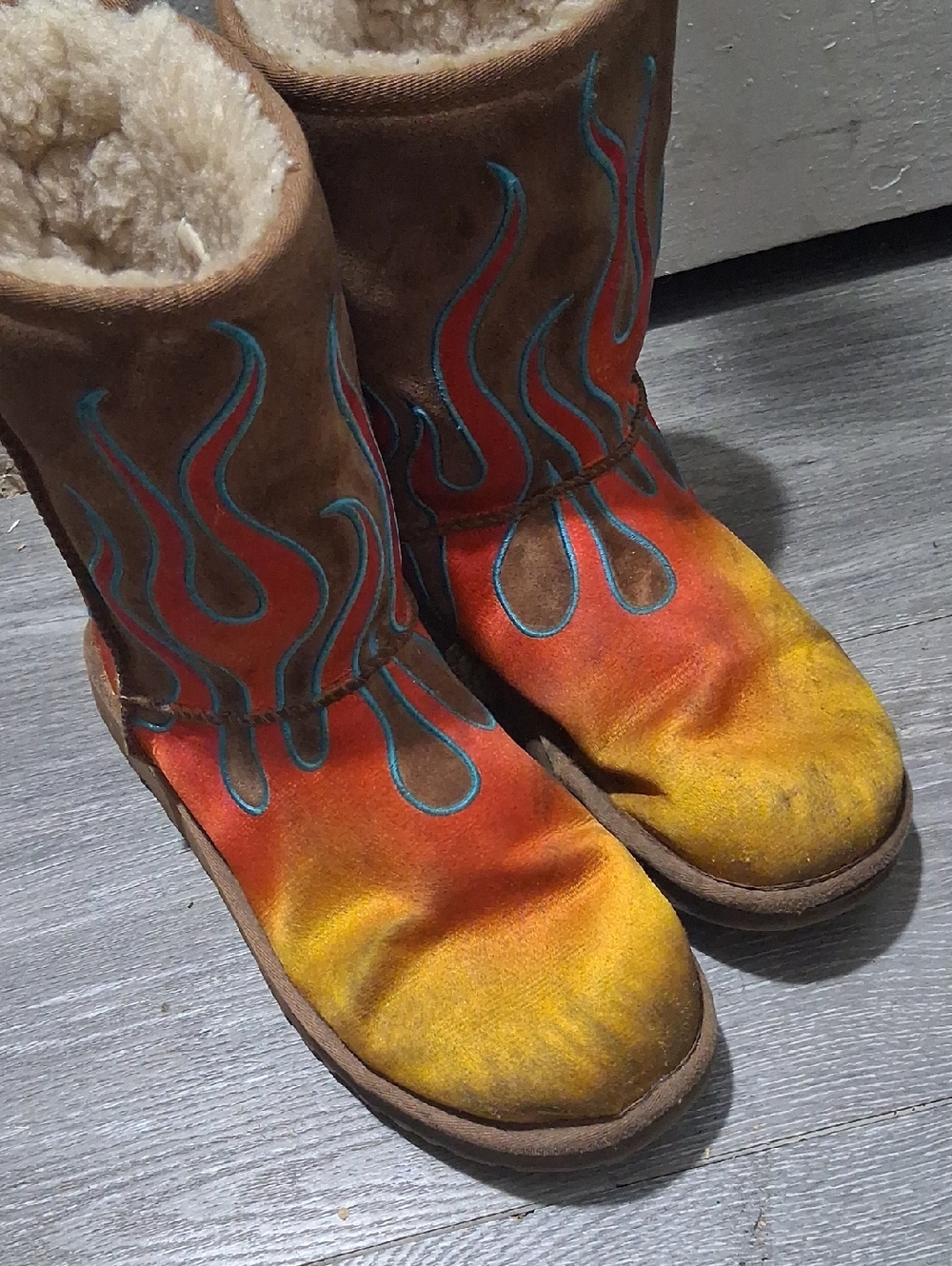 Jeremy Scott Ugg Flame Embroidered Suede Boots - Brown with Orange & Yellow